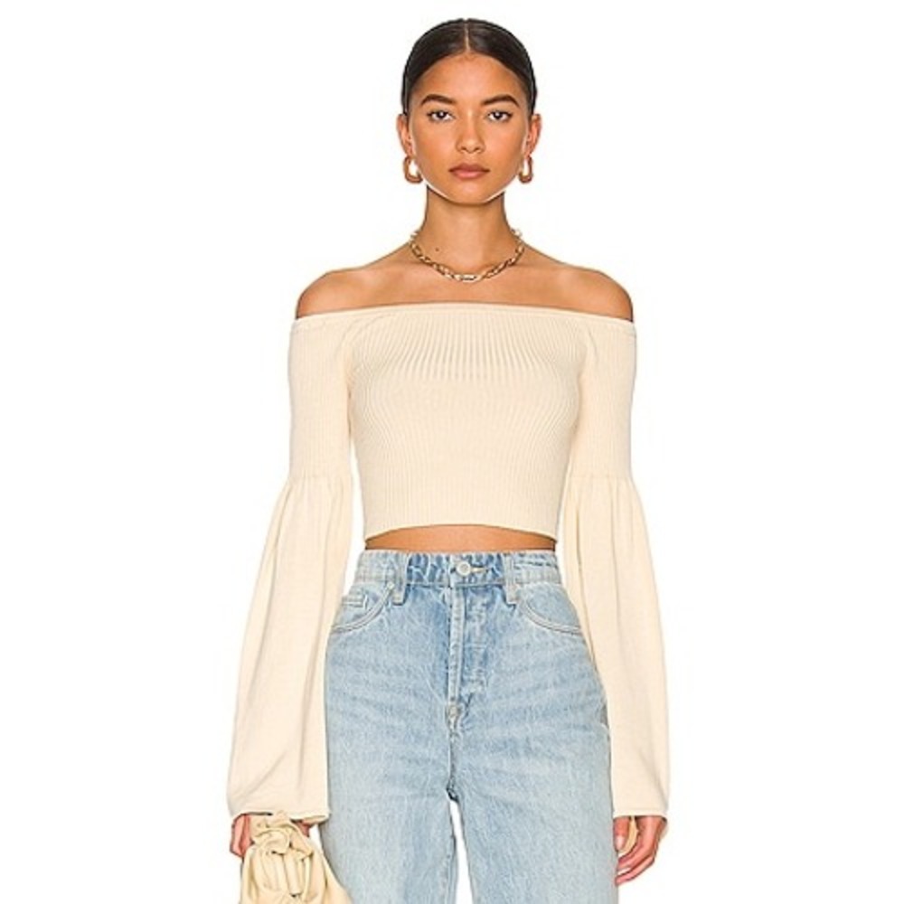 LPA Nalle Off The Shoulder Ribbed Knit Bell Sleeve Top Cream Ivory Sz M Sweater